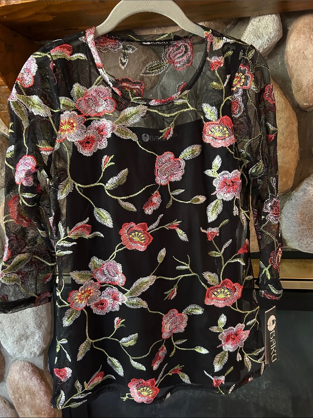 Baku Black Bloomleaf Floral Embroidered Mesh 2-Piece Tunic Top, Size S | NWT